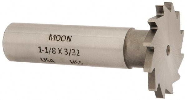 Made in USA - 1-1/8" Diam x 3/32" Face Width, High Speed Steel, 16 Teeth, Shank Connection Woodruff Keyseat Cutter - Uncoated, 2-3/16" OAL x 1/2" Shank, Straight Teeth - Exact Tooling