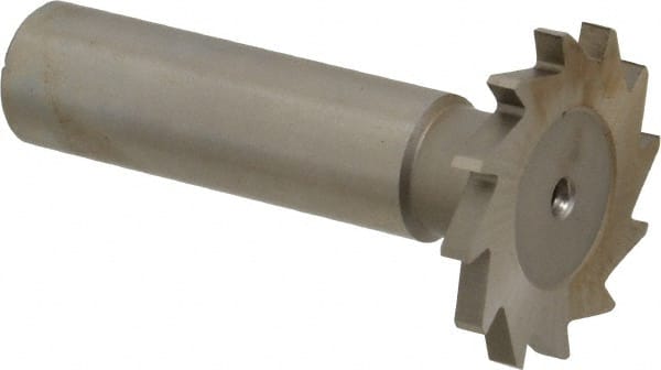 Made in USA - 1-1/8" Diam x 7/64" Face Width, High Speed Steel, 16 Teeth, Shank Connection Woodruff Keyseat Cutter - Uncoated, 2-3/16" OAL x 1/2" Shank, Straight Teeth - Exact Tooling