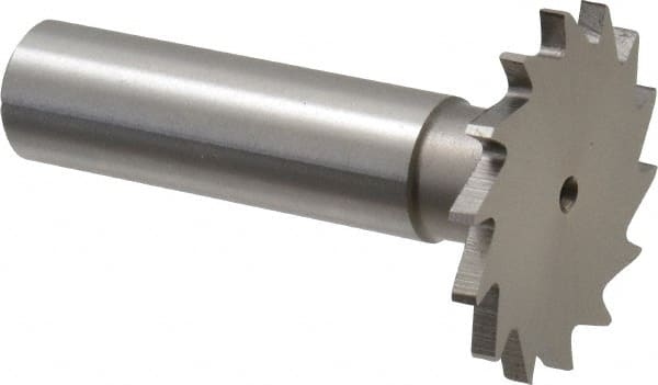 Made in USA - 1-1/4" Diam x 3/32" Face Width, High Speed Steel, 18 Teeth, Shank Connection Woodruff Keyseat Cutter - Uncoated, 2-3/16" OAL x 1/2" Shank, Straight Teeth - Exact Tooling
