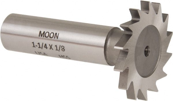Made in USA - 1-1/4" Diam x 1/8" Face Width, High Speed Steel, 18 Teeth, Shank Connection Woodruff Keyseat Cutter - Uncoated, 2-3/16" OAL x 1/2" Shank, Straight Teeth - Exact Tooling