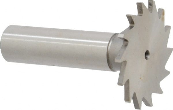 Made in USA - 1-3/8" Diam x 5/64" Face Width, High Speed Steel, 18 Teeth, Shank Connection Woodruff Keyseat Cutter - Uncoated, 2-1/4" OAL x 1/2" Shank, Straight Teeth - Exact Tooling
