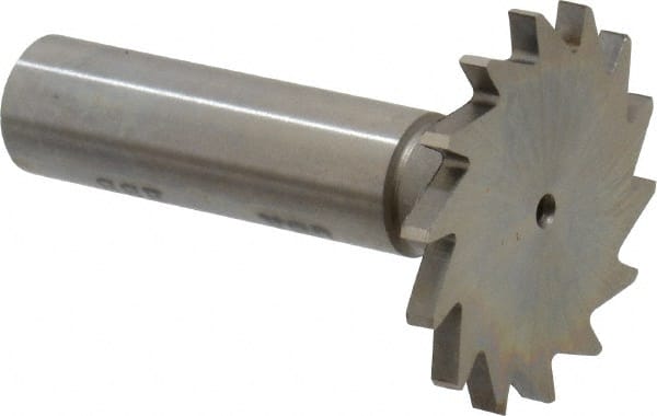 Made in USA - 1-3/8" Diam x 7/64" Face Width, High Speed Steel, 14 Teeth, Shank Connection Woodruff Keyseat Cutter - Uncoated, 2-1/4" OAL x 1/2" Shank, Straight Teeth - Exact Tooling