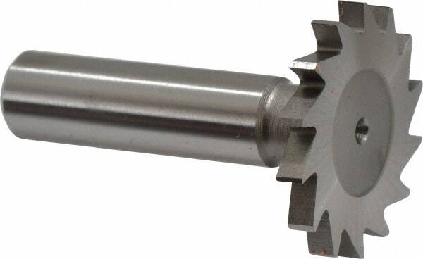Made in USA - 1-3/8" Diam x 5/32" Face Width, High Speed Steel, 18 Teeth, Shank Connection Woodruff Keyseat Cutter - Uncoated, 2-1/4" OAL x 1/2" Shank, Straight Teeth - Exact Tooling