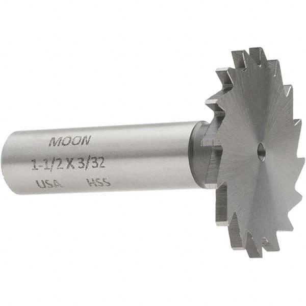 Made in USA - 1-1/2" Diam x 3/32" Face Width, High Speed Steel, 20 Teeth, Shank Connection Woodruff Keyseat Cutter - Uncoated, 2-1/4" OAL x 1/2" Shank, Straight Teeth - Exact Tooling