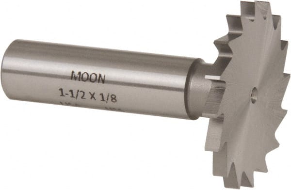 Made in USA - 1-1/2" Diam x 1/8" Face Width, High Speed Steel, 16 Teeth, Shank Connection Woodruff Keyseat Cutter - Uncoated, 2-1/8" OAL x 1/2" Shank, Straight Teeth - Exact Tooling