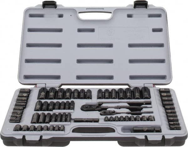 Stanley - 69 Piece 1/4 & 3/8" Drive Standard Deep Socket Set - 6 Points, 3/16 to 3/4", 7 to 19mm, Inch/Metric Measurement Standard - Exact Tooling