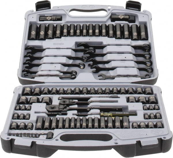 Stanley - 99 Piece 1/4 & 3/8" Drive Standard Deep Socket Set - 6 Points, 1/4 to 7/8", 4 to 19mm, Inch/Metric Measurement Standard - Exact Tooling