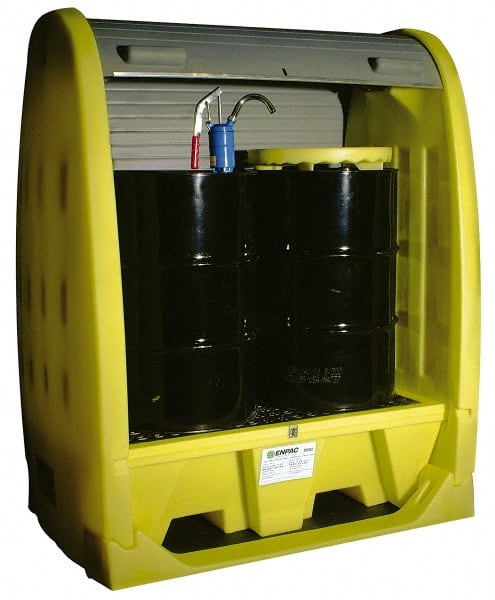 Enpac - 4 Drum, 66 Gal Sump Capacity, Pallet with Rolltop Hardcover - 69" High, Vertical Storage, Polyethylene - Exact Tooling