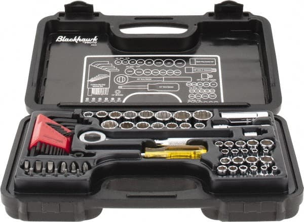 Blackhawk by Proto - 65 Piece 1/4 & 3/8" Drive Standard Socket Set - 5/32 to 13/16", 4 to 17mm, Inch/Metric Measurement Standard - Exact Tooling