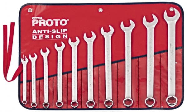 Proto - 10 Piece, 7/16" to 1", 6 Point Combination Wrench Set - Inch Measurement Standard, Satin Chrome Finish, Comes in Nylon Roll - Exact Tooling