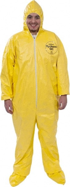 Dupont - Size 2XL PE Film Chemical Resistant Coveralls - Yellow, Zipper Closure, Elastic Cuffs, Open Ankles, Serged Seams - Exact Tooling