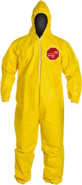 Dupont - Size XL PE Film Chemical Resistant Coveralls - Yellow, Zipper Closure, Elastic Cuffs, Elastic Ankles, Serged Seams - Exact Tooling