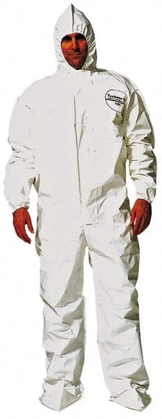 Dupont - Size 4XL Saranex Chemical Resistant Coveralls - White, Zipper Closure, Elastic Cuffs, Open Ankles, Bound Seams - Exact Tooling