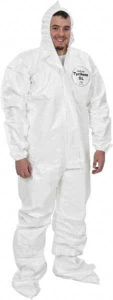 Dupont - Size 3XL Saranex Chemical Resistant Coveralls - White, Zipper Closure, Elastic Cuffs, Open Ankles, Bound Seams - Exact Tooling