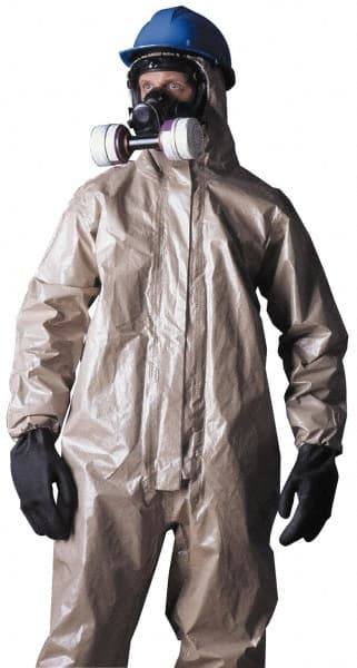 Dupont - Size L Hazmat Chemical Resistant Coveralls - Tan, Zipper Closure, Elastic Cuffs, Open Ankles, Taped Seams - Exact Tooling