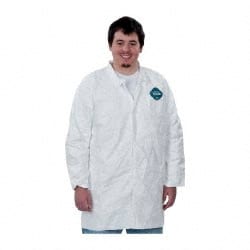 Dupont - Size 3XL White Disposable Chemical Resistant Lab Coat - Tyvek, Snap Front, Open Cuff - Exact Tooling