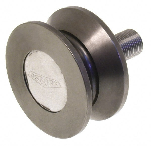Osborn International - 4-1/2" Roller Diam x 2" Width, 1-1/4" Stud Diam x 2-1/2" Length, V Grooved Concentric Stud - Steel, 1-3/4" Thread Length, 1-1/4-12 Thread, 4-1/2" OAL, 13,700 Lb Dynamic Cap - Exact Tooling