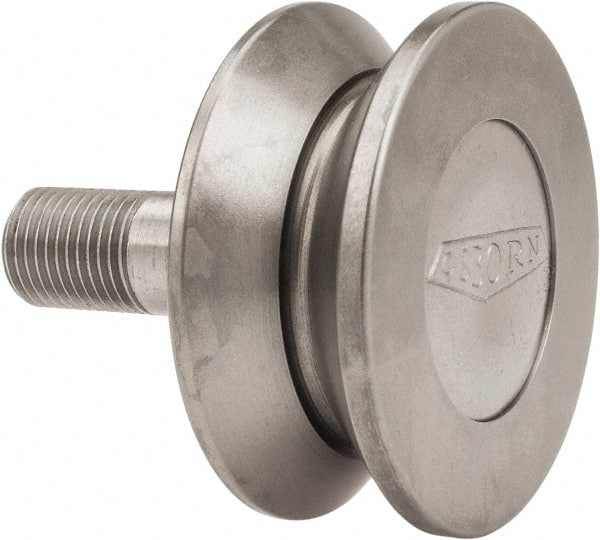 Osborn International - 2" Roller Diam x 27/32" Width, 1/2" Stud Diam x 1-1/4" Length, V Grooved Concentric Stud - Steel, 5/8" Thread Length, 1/2-20 Thread, 2-3/32" OAL, 600 Lb Dynamic Cap - Exact Tooling