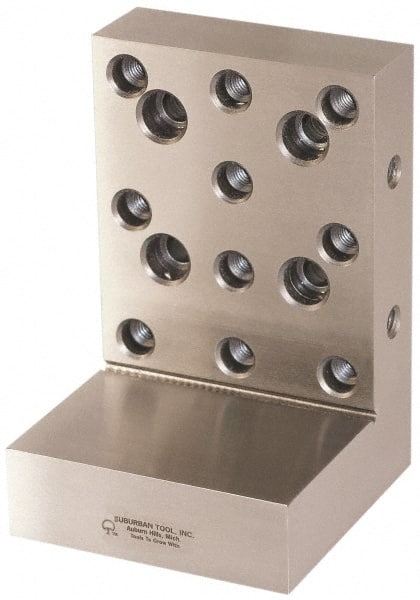 Suburban Tool - 3" Wide x 2-3/4" Deep x 3" High Steel Precision-Ground Angle Plate - Stepped Plate, Machined Holes on Surface, Open End, 9/16" Thick, Pair of Plates - Exact Tooling