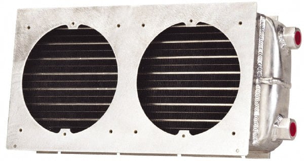 Lytron - 3/8-18 FNPT, 2 Fan Mount, Liquid-To-Air Aluminum Brazed Process Equipment Heat Exchanger - Oil Cooler, Ethylene Glycol/Water Mixture Cooler, 8.4" High x 18" Wide x 3.1" Deep, 5,025 BTU/Hr, 400°F Max - Exact Tooling