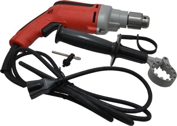 Milwaukee Tool - 3/8" Keyed Chuck, 1,200 RPM, Pistol Grip Handle Electric Drill - 7 Amps, 120 Volts, Reversible, Includes 3/8" Magnum Drill, Chuck Key with Holder, Side Handle - Exact Tooling