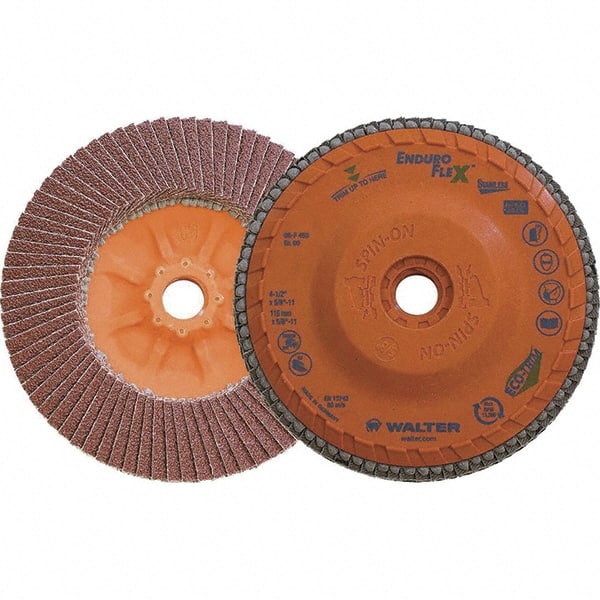 WALTER Surface Technologies - 60 Grit, 4-1/2" Disc Diam, 5/8-11 Center Hole, Zirconia Alumina Flap Disc - 13,300 Max RPM, Plastic Backing, Arbor Attaching System, Coated - Exact Tooling