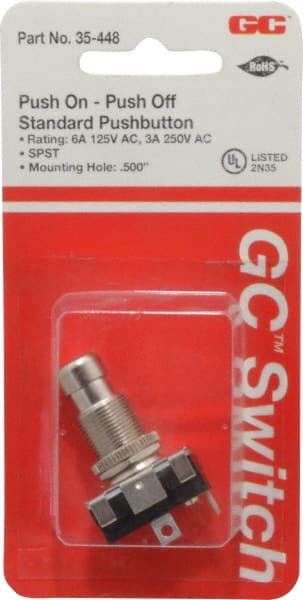 GC/Waldom - 1/2 Inch Mount Hole, Miniature Pushbutton Switch Only - Round, Chrome Pushbutton, Nonilluminated, Maintained (MA), On-Off - Exact Tooling
