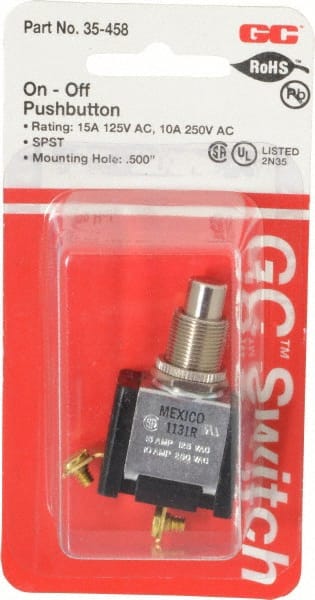 GC/Waldom - 1/2 Inch Mount Hole, Pushbutton Switch Only - Round, Chrome Pushbutton, Nonilluminated, Maintained (MA), On-Off - Exact Tooling