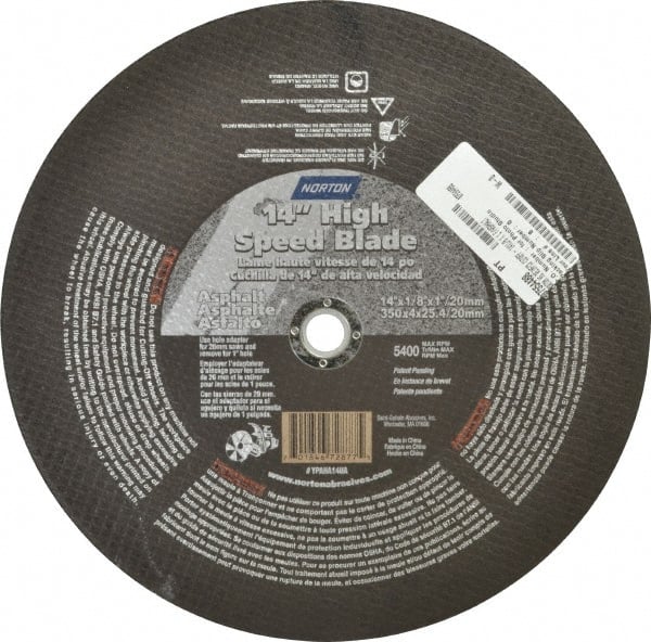 Norton - 14" 16 Grit Silicon Carbide Cutoff Wheel - 1/8" Thick, 1" Arbor, 5,400 Max RPM, Use with Portable Tools - Exact Tooling