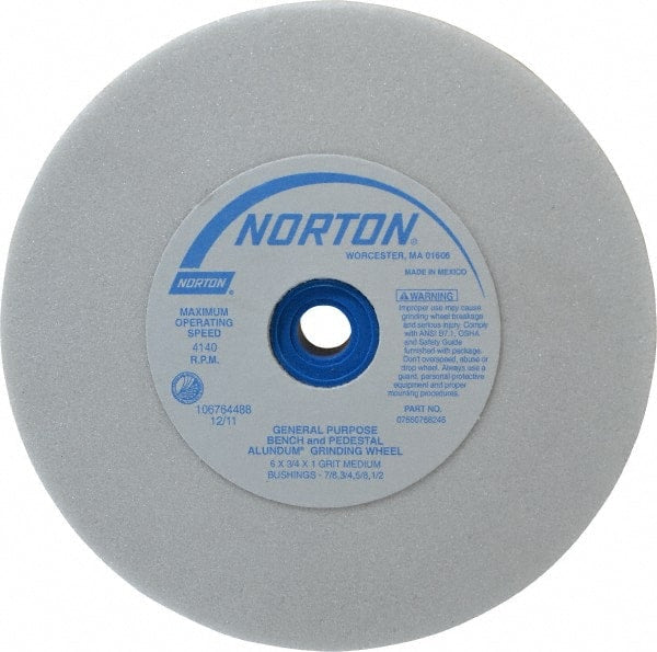 Norton - 60 Grit Aluminum Oxide Bench & Pedestal Grinding Wheel - 6" Diam x 1" Hole x 3/4" Thick, 4140 Max RPM, J Hardness, Medium Grade , Vitrified Bond - Exact Tooling