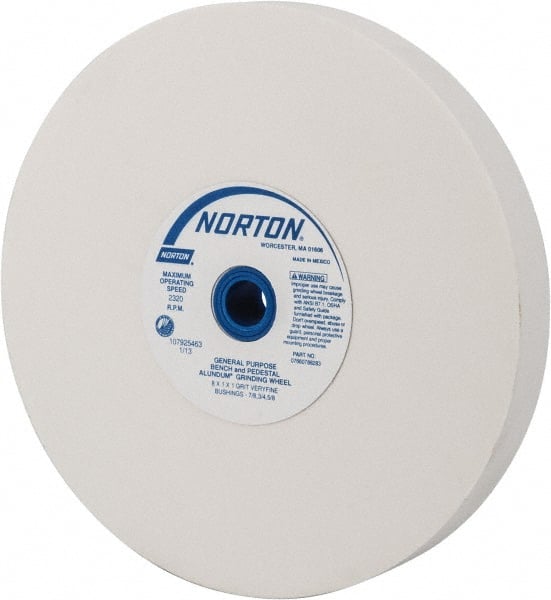 Norton - 150 Grit Aluminum Oxide Bench & Pedestal Grinding Wheel - 8" Diam x 1" Hole x 1" Thick, 3600 Max RPM, J Hardness, Very Fine Grade , Vitrified Bond - Exact Tooling