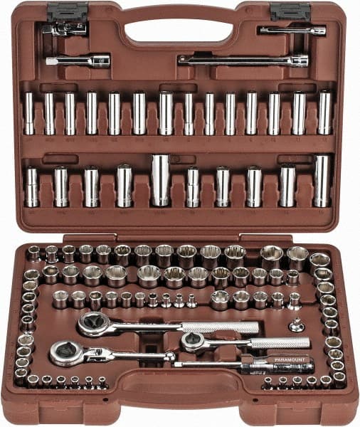 Paramount - 103 Piece 1/4" & 3/8" Drive Deep Well Socket Set - 6, 8, 12 Points, 5/32" to 13/16" (4mm to 19mm) Range, Inch/Metric Measurement Standard - Exact Tooling