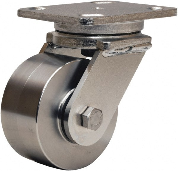 Hamilton - 4" Diam x 2" Wide x 5-5/8" OAH Top Plate Mount Swivel Caster - Forged Steel, 850 Lb Capacity, Stainless Steel Double Shielded Precision Ball Bearing, 4 x 5" Plate - Exact Tooling