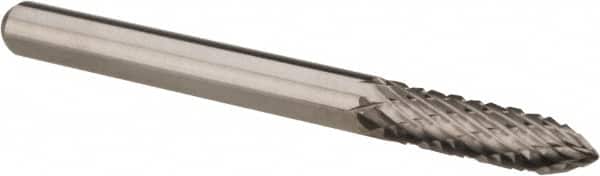 Atrax - 1/8" Cut Diam, 1/8" Shank Diam, Tree Head Double Cut Burr - Carbide, Point End, 1/2" LOC, 1-1/2" OAL - Exact Tooling