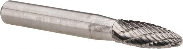 Atrax - 1/4" Cut Diam, 1/4" Shank Diam, Flame Head Double Cut Burr - Carbide, Radius End, 3/8" LOC, 2" OAL - Exact Tooling