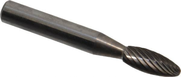 Atrax - 1/4" Cut Diam, 1/4" Shank Diam, Flame Head Single Cut Burr - Carbide, Radius End, 3/8" LOC, 2" OAL - Exact Tooling
