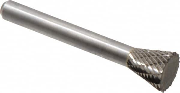 Atrax - 1/2" Cut Diam, 1/4" Shank Diam, Inverted Cone Head Double Cut Burr - Carbide, Flat End, 1/2" LOC, 2-1/4" OAL - Exact Tooling