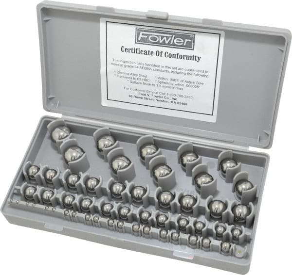 Fowler - 1/8 to 1 Inch Diameter, Chrome Steel, Gage Ball Set - 0.0001 Inch Tolerance, Grade 24 Accuracy, 63 RC Hardness, 26 Pairs - Exact Tooling