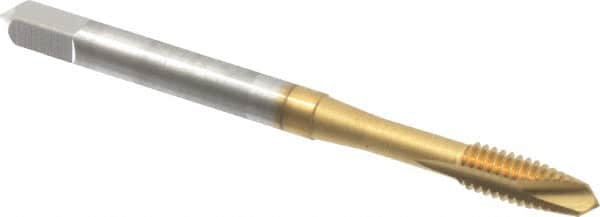OSG - #8-32 UNC, 2 Flute, TiN Finish, High Speed Steel Spiral Point Tap - Plug Chamfer, Right Hand Thread, 2-1/8" OAL, 3/4" Thread Length, 0.168" Shank Diam, 3B Class of Fit, Series 105 - Exact Tooling