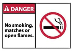 NMC - Accident Prevention Label, Header: DANGER - Legend: Danger - No Smoking, Matches or Open Flames, English, Red, Black & White, 5" Long x 3" High, Sign Muscle Finish - Exact Tooling