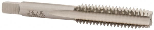 Hertel - 7/16-14 UNC 4 Flute Bright Finish High Speed Steel Straight Flute Standard Hand Tap - Plug, Right Hand Thread, 3-5/32" OAL, 1-7/16" Thread Length, H5 Limit, Oversize - Exact Tooling