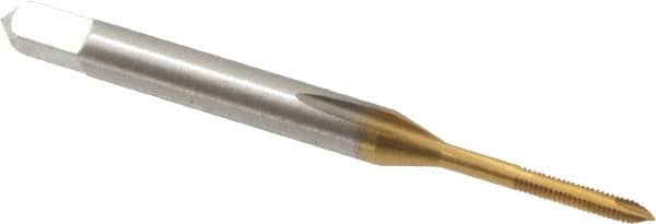 Hertel - #0-80 UNF, 2 Flute, TiN Finish, High Speed Steel Spiral Point Tap - Plug Chamfer, Right Hand Thread, 1-5/8" OAL, 5/16" Thread Length, 0.141" Shank Diam, 3B Class of Fit - Exact Tooling