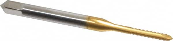 Hertel - #1-72 UNF, 2 Flute, TiN Finish, High Speed Steel Spiral Point Tap - Plug Chamfer, Right Hand Thread, 1-11/16" OAL, 3/8" Thread Length, 0.141" Shank Diam, 2B Class of Fit - Exact Tooling