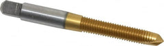Hertel - 5/16-24 UNF, 2 Flute, TiN Finish, High Speed Steel Spiral Point Tap - Plug Chamfer, Right Hand Thread, 2-23/32" OAL, 1-1/8" Thread Length, 0.318" Shank Diam - Exact Tooling