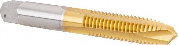 Hertel - 3/8-16 UNC, 3 Flute, TiN Finish, High Speed Steel Spiral Point Tap - Plug Chamfer, Right Hand Thread, 2-15/16" OAL, 1-1/4" Thread Length, 0.381" Shank Diam - Exact Tooling