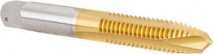 Hertel - 3/8-16 UNC, 3 Flute, TiN Finish, High Speed Steel Spiral Point Tap - Plug Chamfer, Right Hand Thread, 2-15/16" OAL, 1-1/4" Thread Length, 0.381" Shank Diam - Exact Tooling