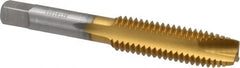 Hertel - 1/2-13 UNC, 3 Flute, TiN Finish, High Speed Steel Spiral Point Tap - Plug Chamfer, Right Hand Thread, 3-3/8" OAL, 1-21/32" Thread Length, 0.367" Shank Diam - Exact Tooling