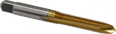 Hertel - M7x1.00 Metric Coarse, 2 Flute, TiN Finish, High Speed Steel Spiral Point Tap - Plug Chamfer, Right Hand Thread, 2-23/32" OAL, 1-1/8" Thread Length, 0.318" Shank Diam - Exact Tooling
