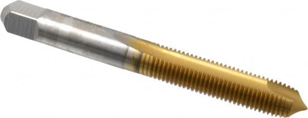 Hertel - M8x1.00 Metric Fine, 2 Flute, TiN Finish, High Speed Steel Spiral Point Tap - Plug Chamfer, Right Hand Thread, 2-23/32" OAL, 1-1/8" Thread Length, 0.318" Shank Diam - Exact Tooling