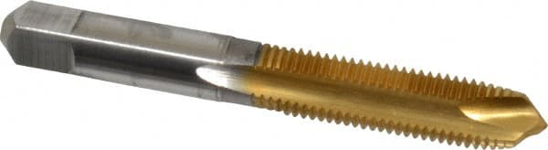 Hertel - M10x1.25 Metric Fine, 3 Flute, TiN Finish, High Speed Steel Spiral Point Tap - Plug Chamfer, Right Hand Thread, 2-15/16" OAL, 1-1/4" Thread Length, 0.381" Shank Diam - Exact Tooling